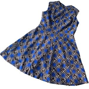 1970 Vintage blue abstract gingham Plaid‎ Fit and Flare plus Dress Sleeveless 2X